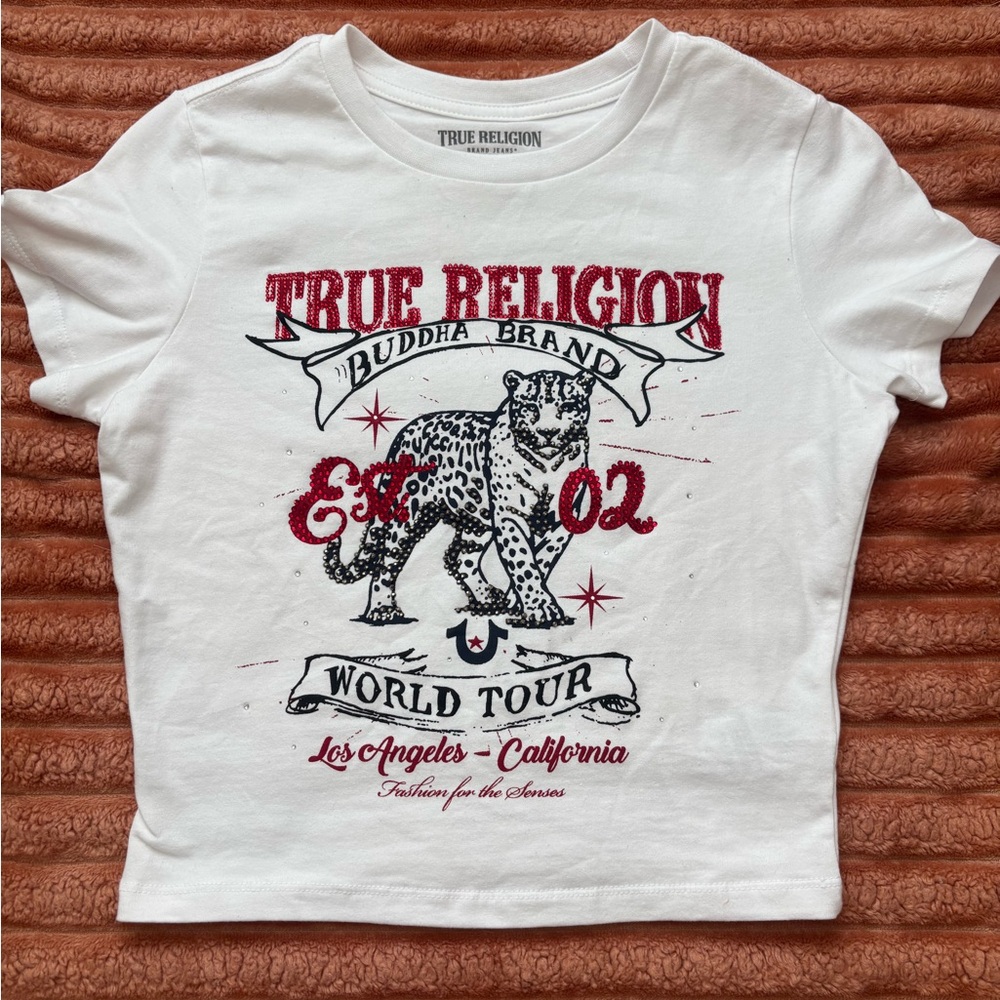True Religion Girls' White 'World Tour' Graphic Tee - Red Detail